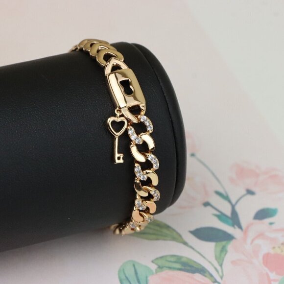 "Rose Gold Heart Lock Key Charm Bracelet with Sparkling Links, XPBL0914 - Picture 11 of 12